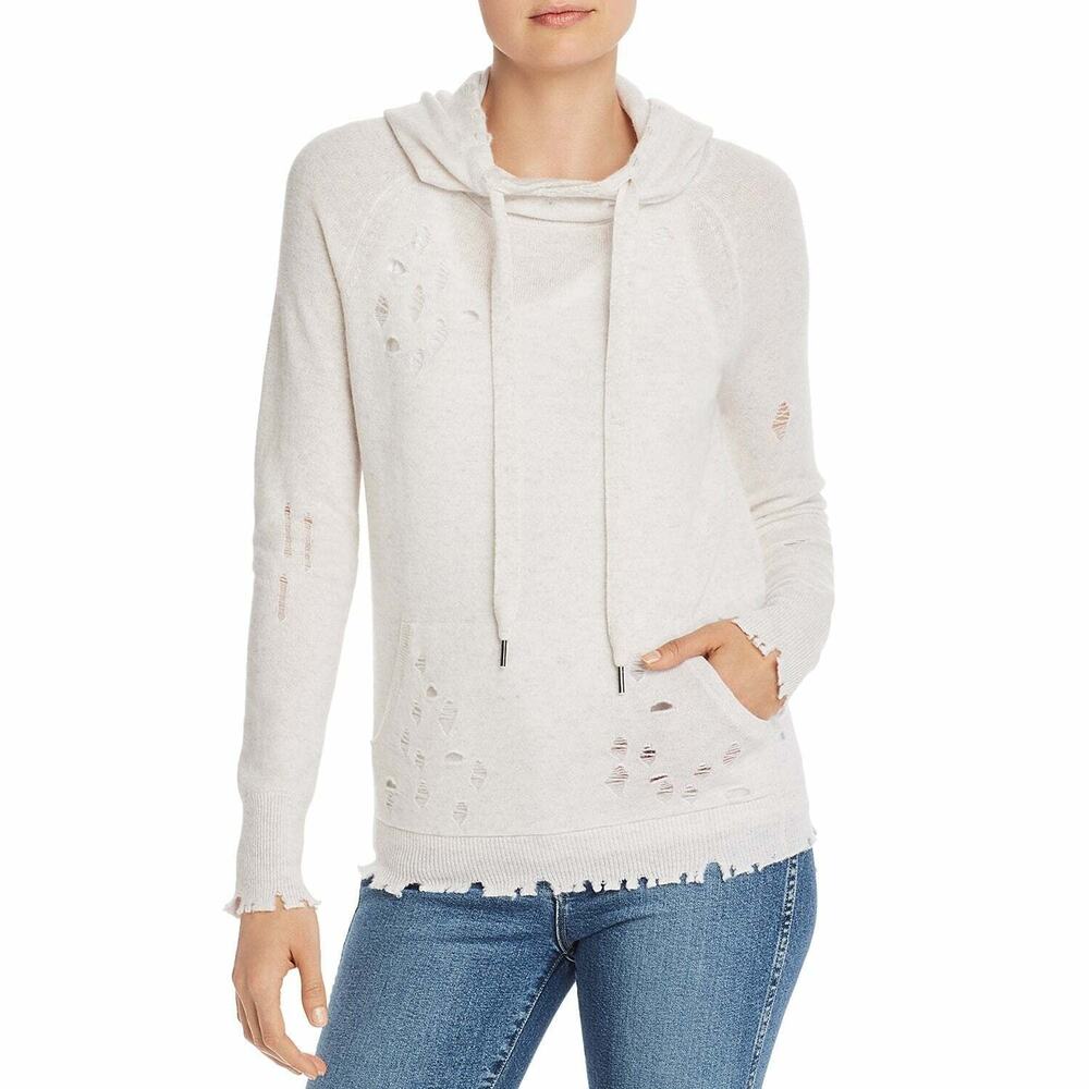 Aqua Cashmere Women's Distressed Hooded Sweater Size Small Ash‎ Long Sleeve Soft
